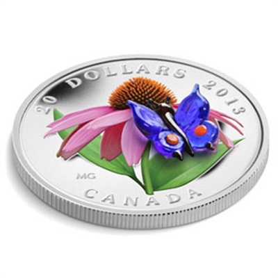 2013 1oz Silver $20 Coneflower Venetian Glass Butterfly - Click Image to Close